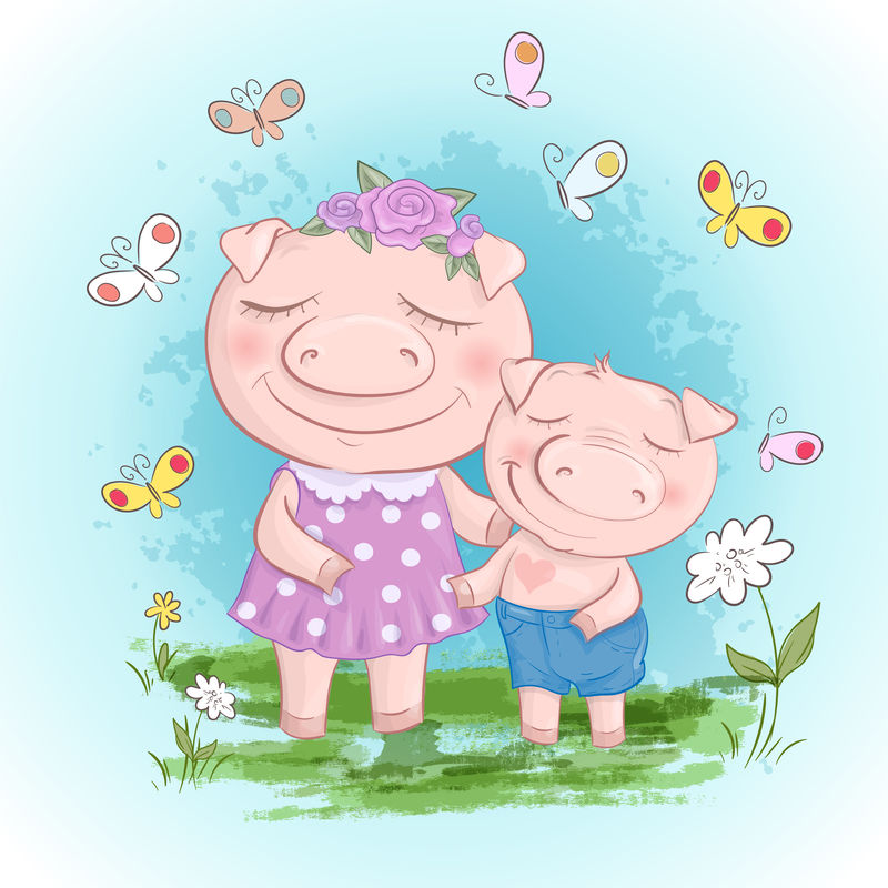 有趣的猪家庭母子有趣的卡通猪和小猪朋友或家人