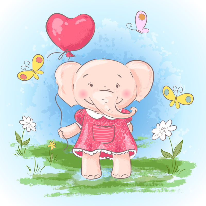 图片明信片可爱的小象气球花和蝴蝶印在衣服和儿童房上