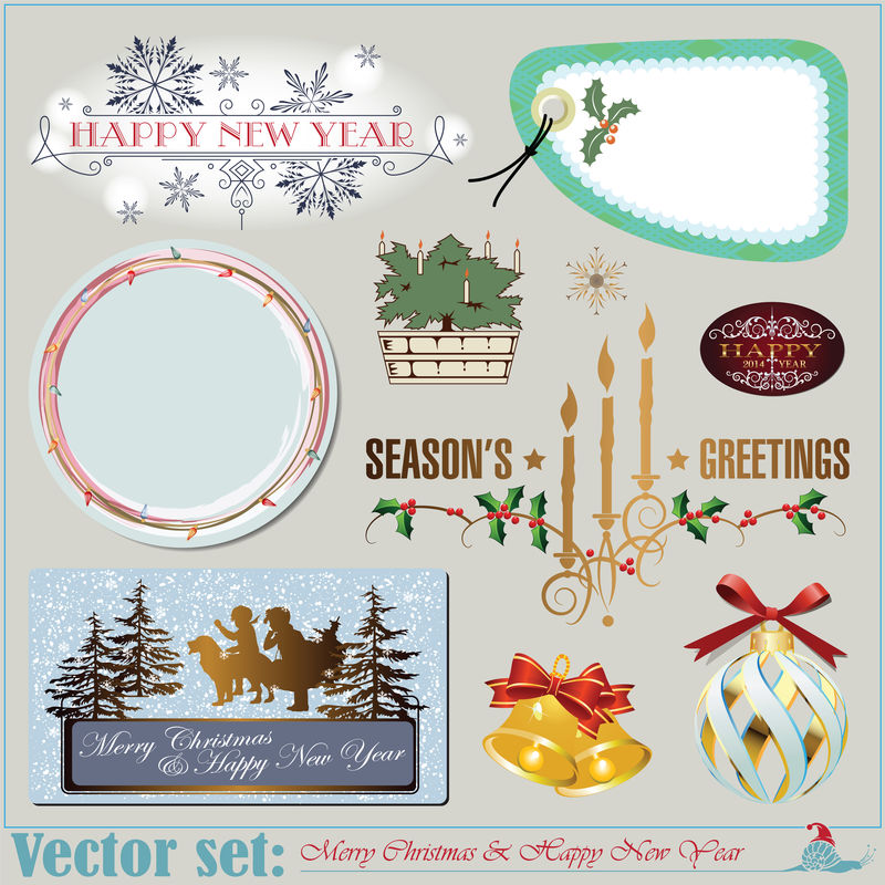矢量集：圣诞节和新年的铭文装饰和设计的项目和背景