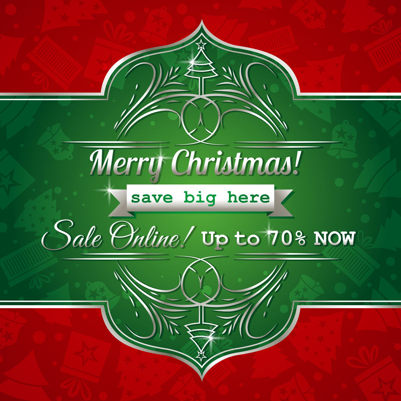 红色圣诞节背景和绿色标签带销售报价矢量
