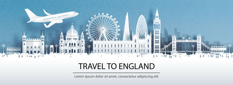 以剪纸式矢量图为例-将旅行广告与英国旅游概念结合起来-将伦敦市的天际线和世界著名的地标全景尽收眼底