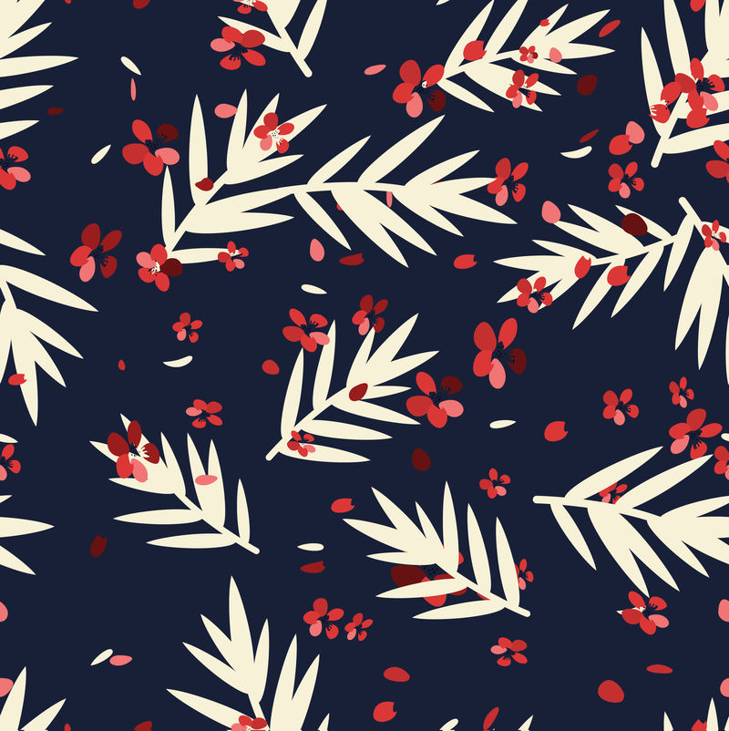 带有热带红色和深色叶子的无缝图案-矢量设计-平面丛林印花-花卉背景