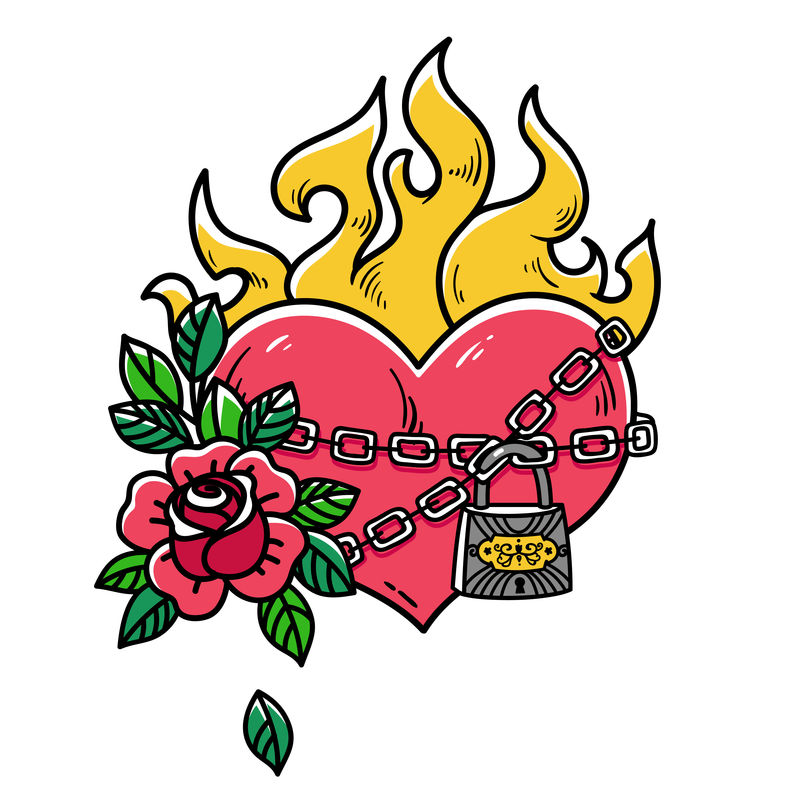 被爱的锁链束缚着的燃烧着的纹身的心玫瑰燃烧的心在爱情的枷锁中纹身心脏老派风格