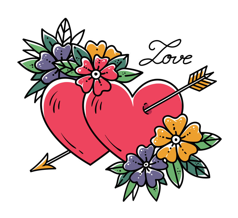 用箭刺青心脏两颗心被带花的箭刺穿爱老式纹身情人节插图