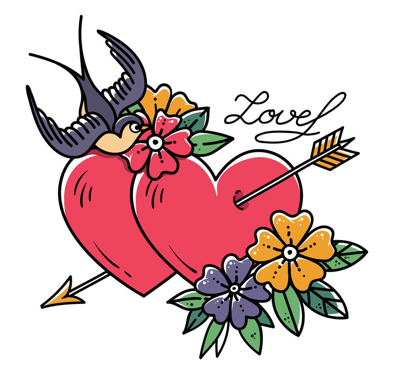 纹身艺术两颗心被箭刺穿用花和燕子纹身心脏爱老式纹身情人节