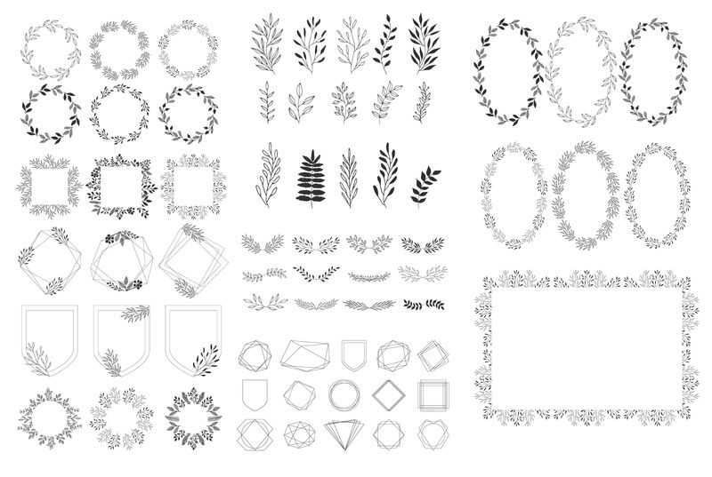 一套夏季装饰元素-载体草本-框架-花环-孤立的-手绘设计