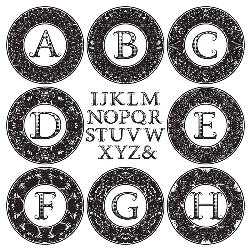 复古字母组合套件-黑色图案字母和花卉圆形框架-以维多利亚风格创建初始标志