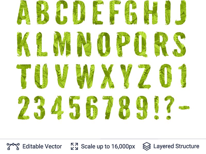 春季绿色亮符号收藏-包括字母数字和符号-画满树叶图案的画笔轮廓