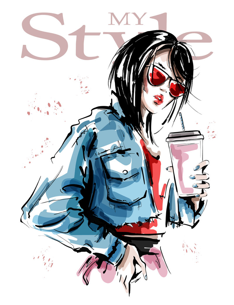 手绘美丽的年轻女子手持塑料咖啡杯和吸管-戴着红色太阳镜的时髦女孩-时尚女性造型-素描-矢量图