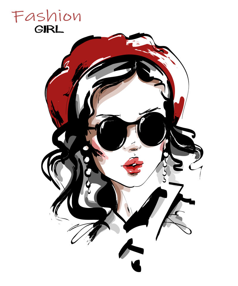 戴着红色贝雷帽的手绘美女-戴墨镜的时髦女孩-时尚女性造型-素描-矢量图