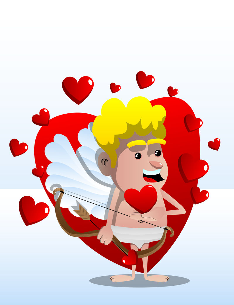 丘比特抱着小红的心-另一只手拿着弓和箭-矢量卡通人物插图