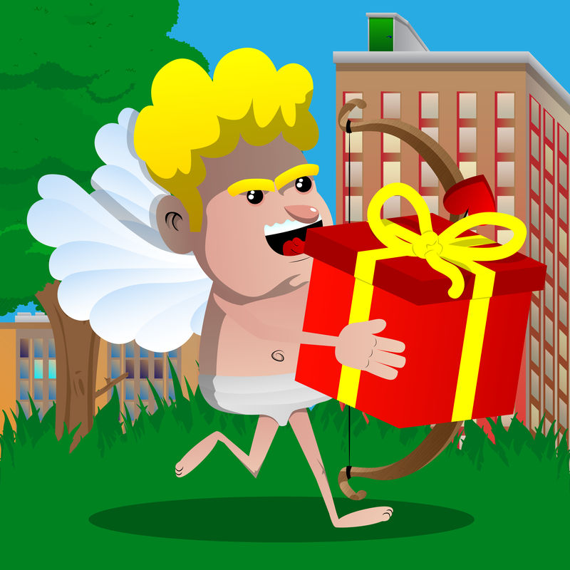 丘比特带着礼品盒奔跑-手里拿着弓和箭-矢量卡通人物插图