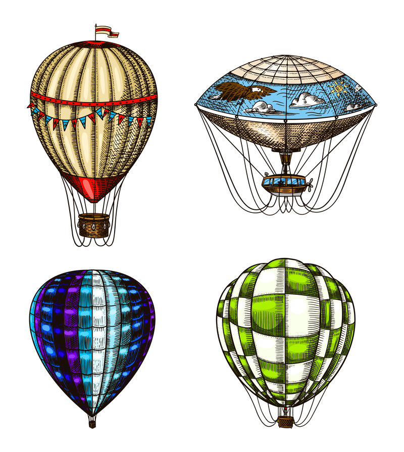 复古热气球-带有装饰元素的矢量飞艇-浪漫标志的模板运输-手工雕刻的复古草图