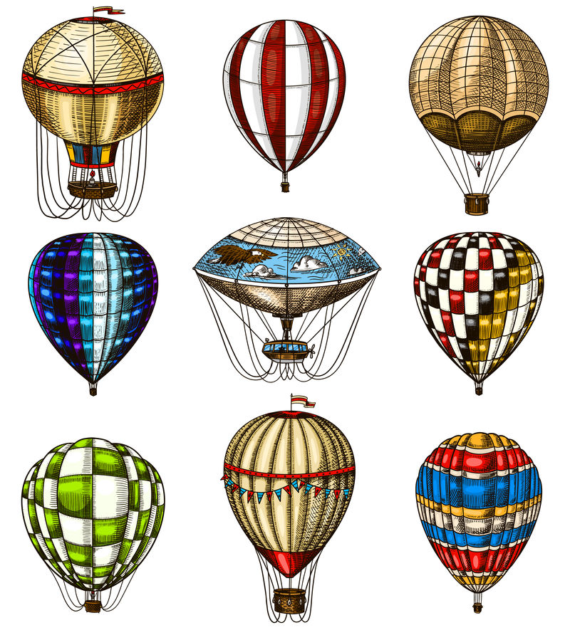 一套热气球-矢量复古飞艇与装饰元素-浪漫标志的模板运输-手工雕刻的复古草图