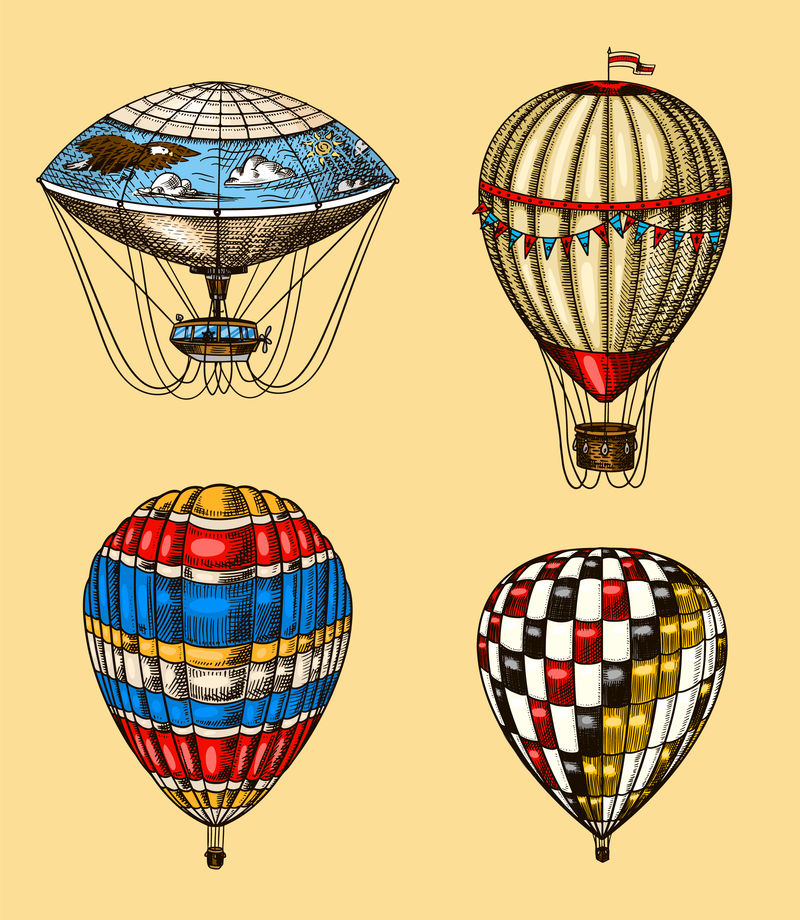 热气球-矢量复古飞艇与装饰元素-浪漫标志的模板运输-手工雕刻的复古草图