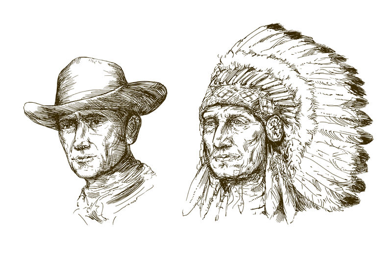 美国印第安首领和牛仔的肖像
