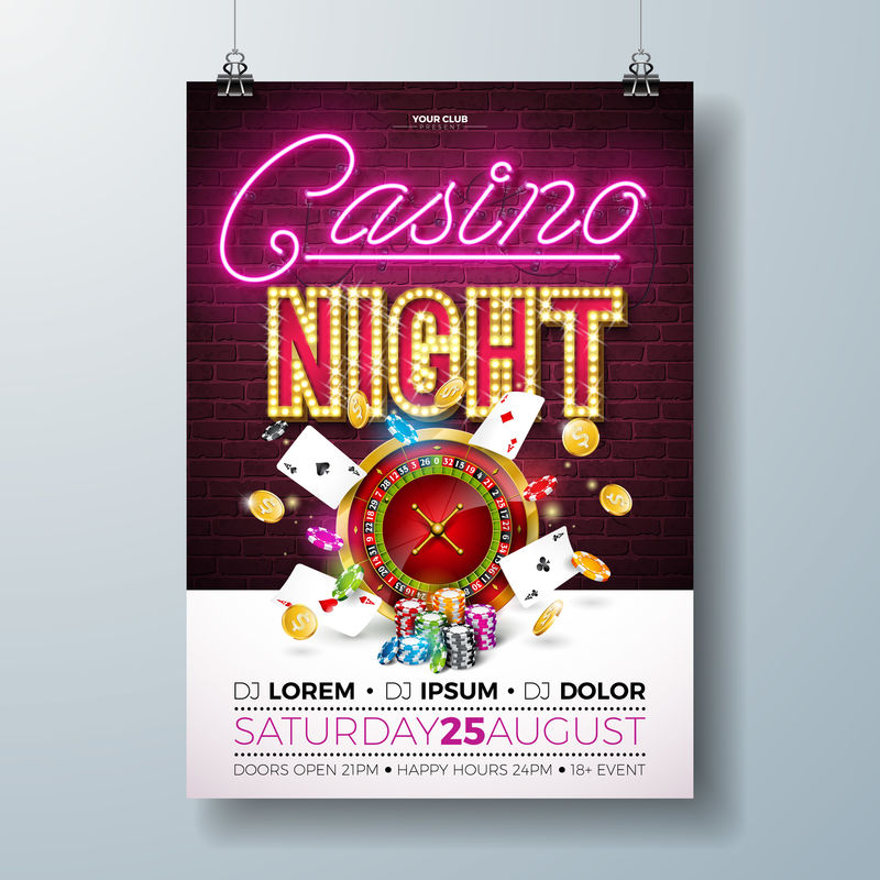 Vector Casino Night Flyer插图带有赌博设计元素和砖墙背景上闪亮的霓虹灯字体点灯招牌轮盘赌玩筹码金币和扑克牌豪华邀请海报模板