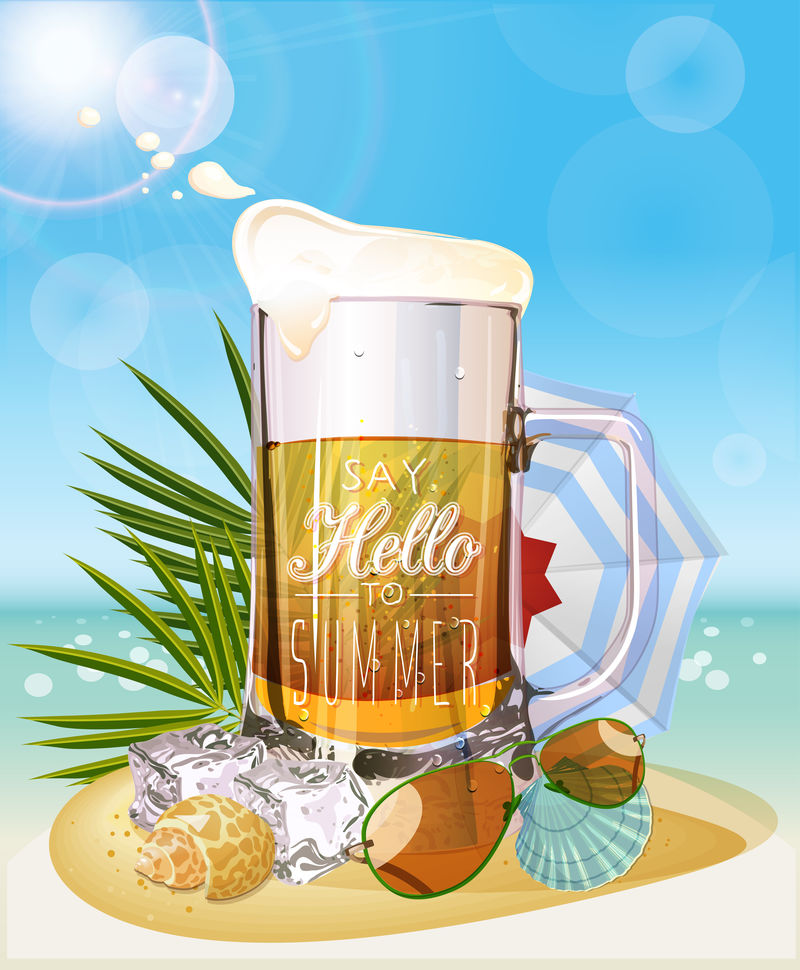 暑假插图-一杯啤酒-在阳光明媚的日子里-可以看到沙滩和棕榈叶