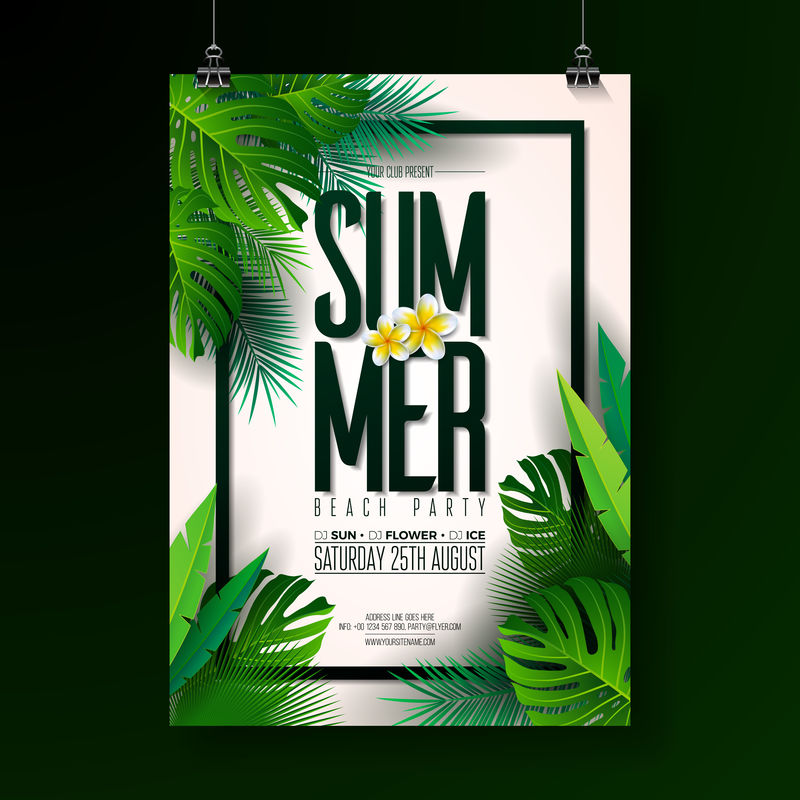 Vector夏日海滩派对传单设计在异国情调的树叶背景上加入印刷元素夏季自然花卉元素热带植物花卉横幅传单邀请海报的设计模板
