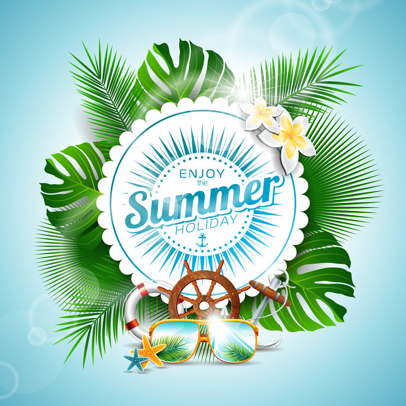 Vector在淡蓝色背景上欣赏热带植物和季节元素的暑假印刷插图