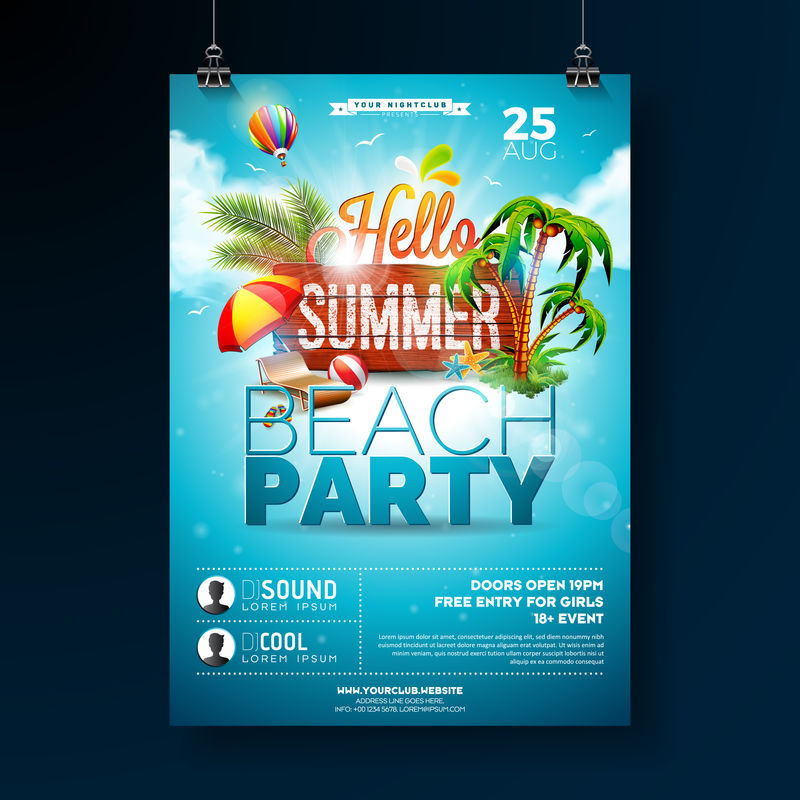 Vector夏日海滩派对传单设计在木质背景上采用印刷元素夏季自然花卉元素热带植物花卉沙滩球和遮阳伞与蓝色多云的天空横幅传单邀请海报的设计模板