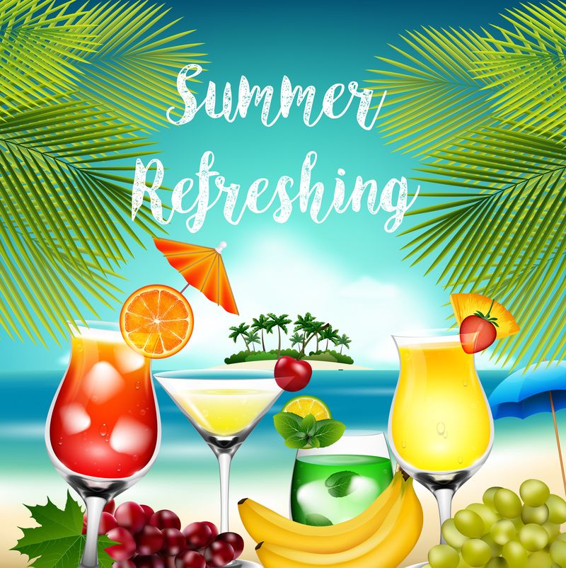 暑假有棕榈树鸡尾酒和水果.vector