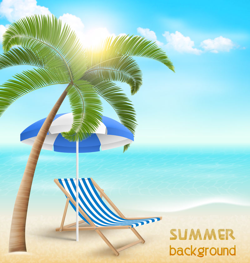 海滩上有棕榈云太阳伞和沙滩椅-暑假背景