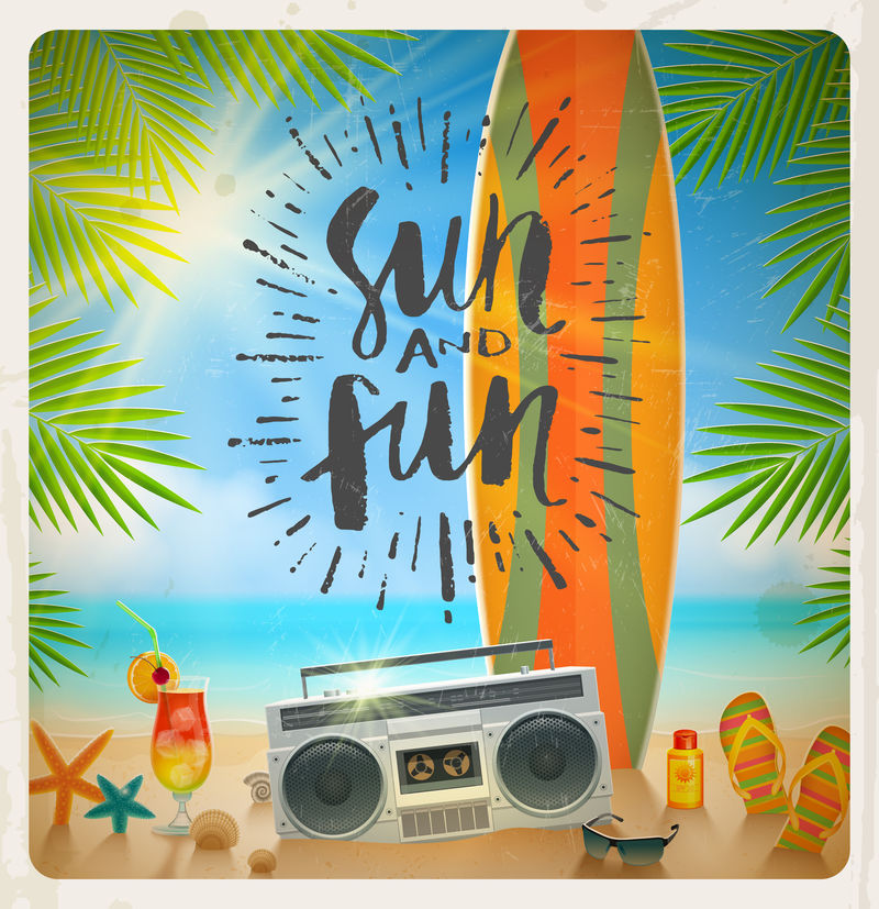 复古矢量插图-热带海滩上的老式冲浪板和夏季手绘的录音机