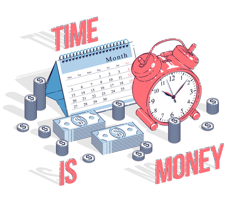 期限概念桌上闹钟和带现金的日历