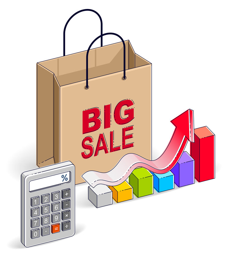 带计算器和增长图表统计的购物袋大减价