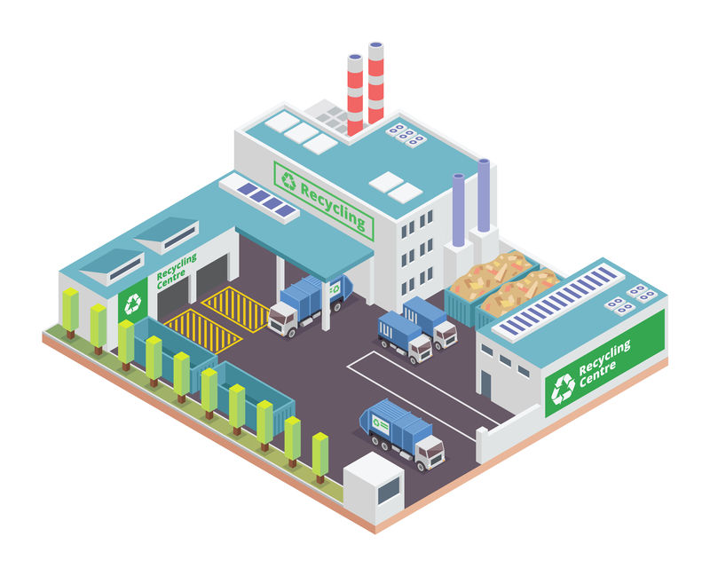 现代等距绿色废物回收厂房-适用于图表信息图表插图和其他图形相关资产