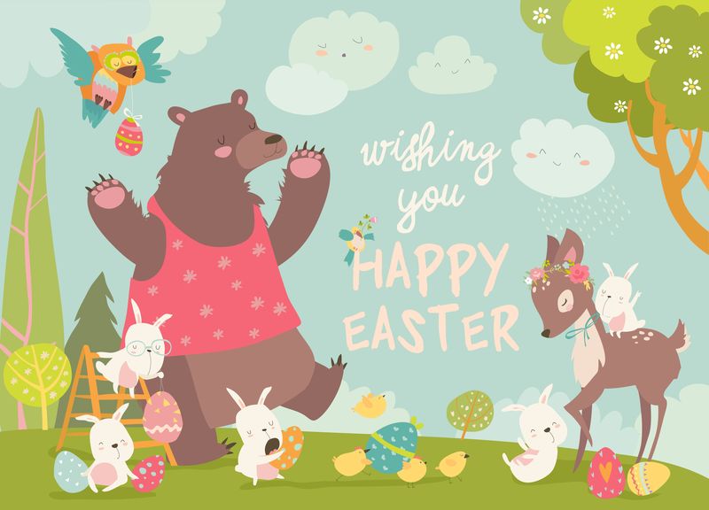 可爱的熊快乐的兔子和小鹿庆祝复活节