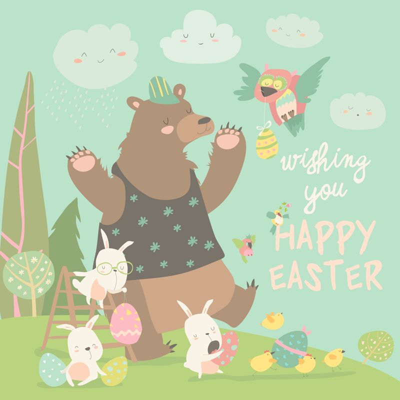 可爱的熊和快乐的兔子庆祝复活节