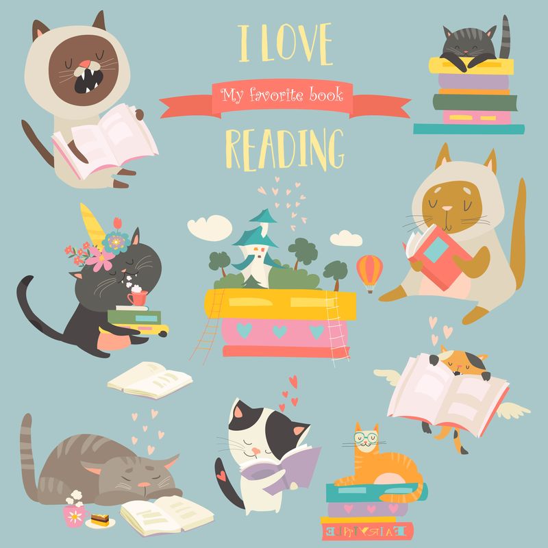 有趣的卡通猫在看书向量集