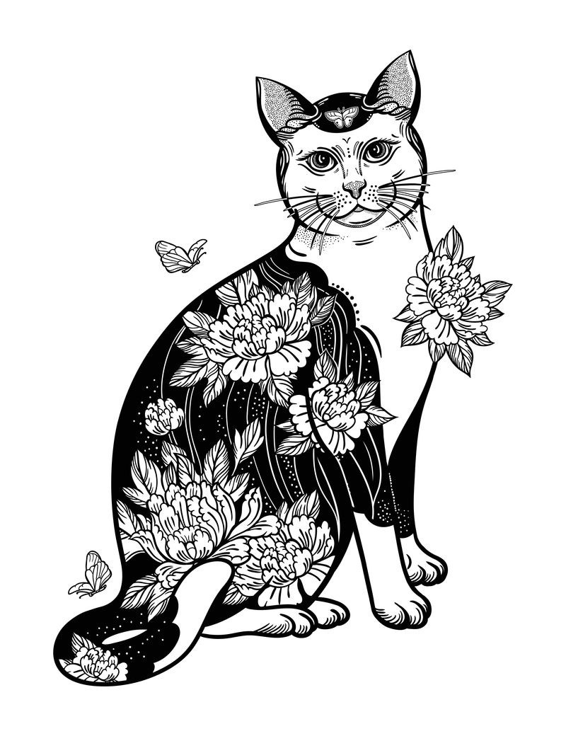 民间传说中有花和蝴蝶纹身的猫