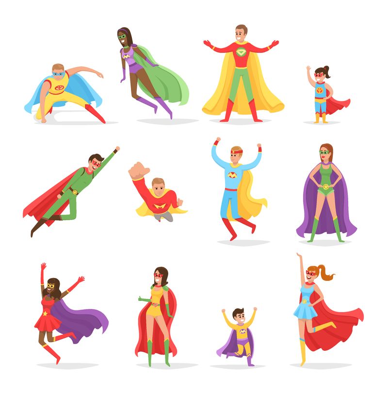 滑稽漫画服装中男女儿童超级英雄平面设计的矢量插图