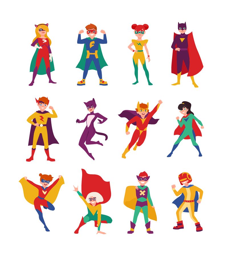 儿童超级英雄系列-一群拥有超能力的男孩和女孩-一群强壮勇敢的孩子穿着紧身的服装和斗篷-平面卡通风格的矢量插图
