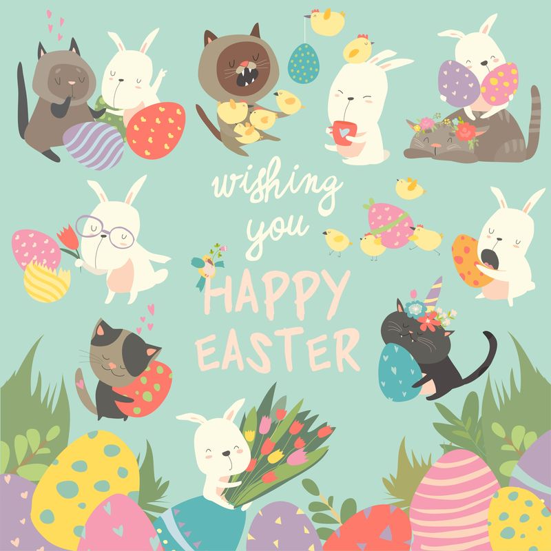 复活节的背景是蓝色的兔子鸡蛋兔子花猫小鸡矢量图解