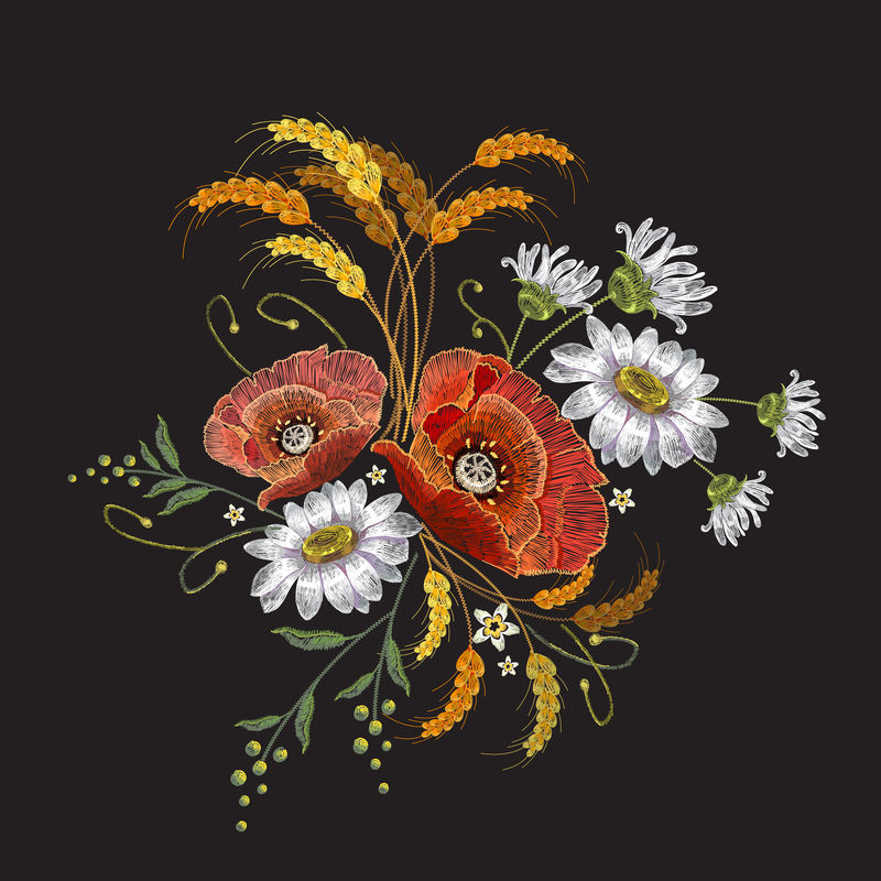 罂粟花和迷彩花刺绣美丽的洋甘菊
