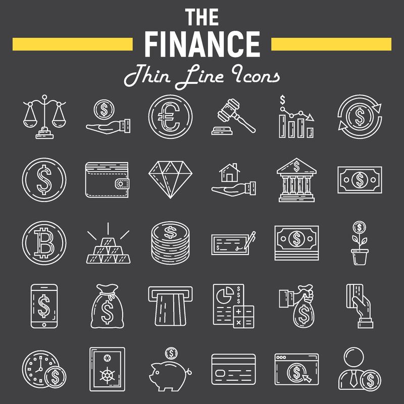 财务线图标集-商业符号集-营销矢量草图-标志插图-商业标志-黑色背景上的线性象形图包-EPS 10