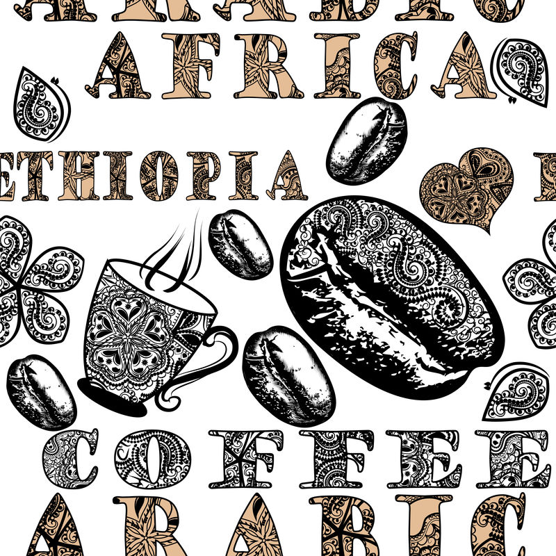 带有非洲民族装饰的咖啡无缝图案咖啡豆
