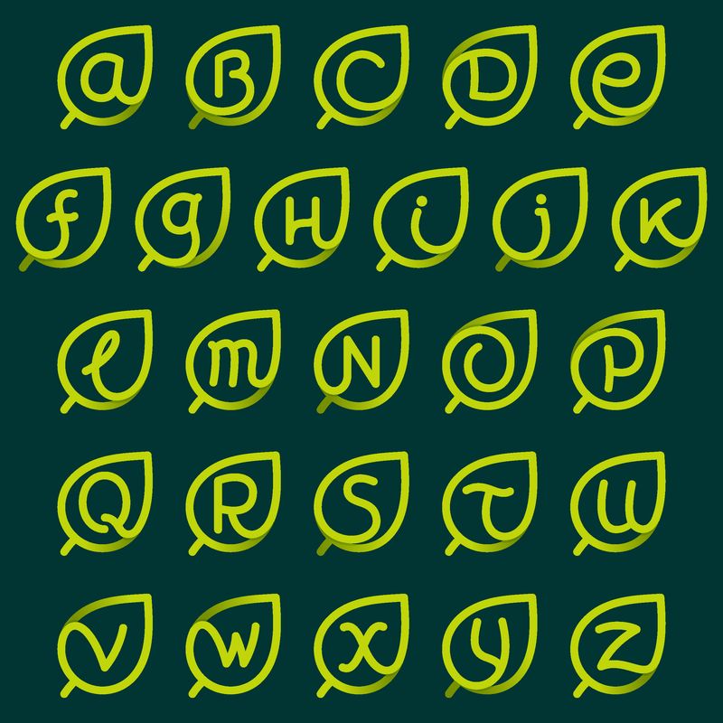 绿色叶子上的字母标志-线条样式图标-海报T恤和卡片的矢量生态元素