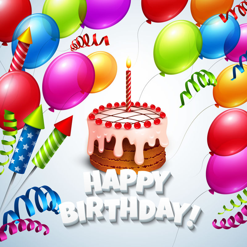 生日快乐贺卡蛋糕和气球矢量插图