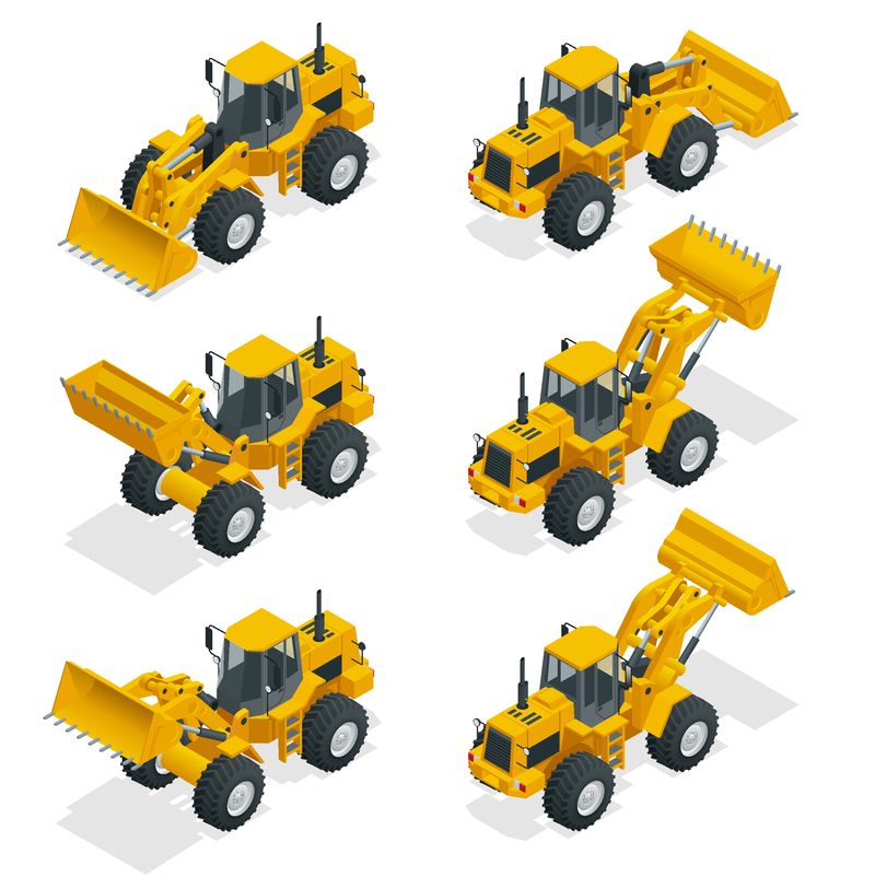 等距图黄色推土机拖拉机-施工机械-推土机隔离在白色上-黄色轮式装载机-工业车辆-气动卡车-制造设备