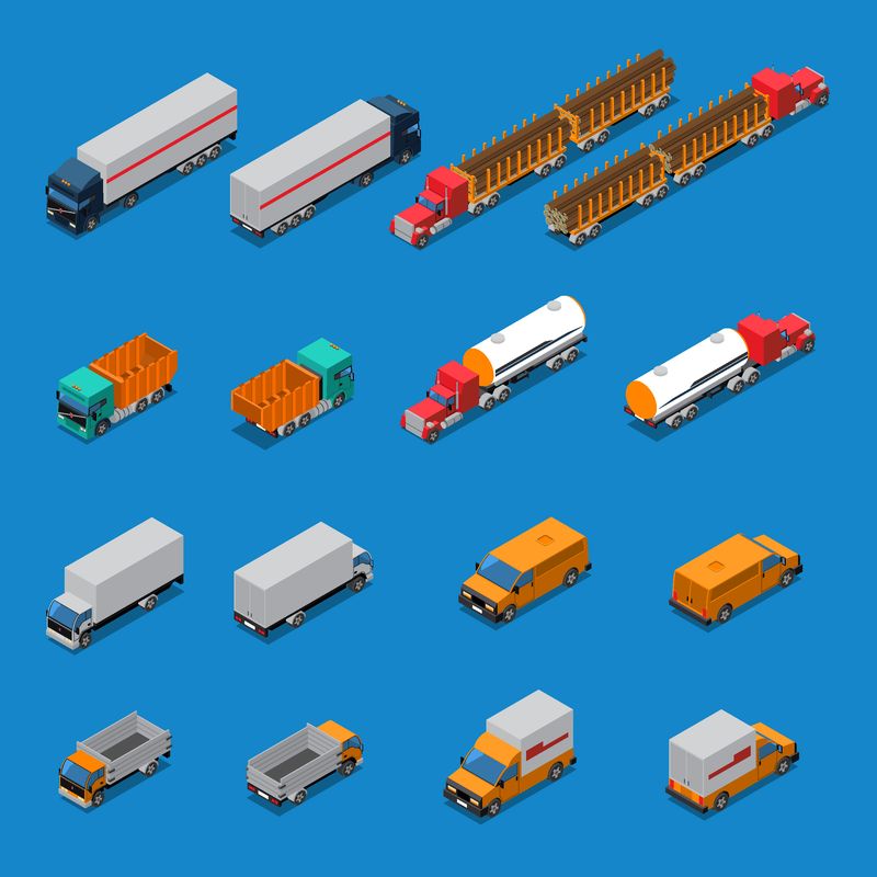 等距图标-在蓝色背景矢量图上用卡车运输木材燃料和建筑货物