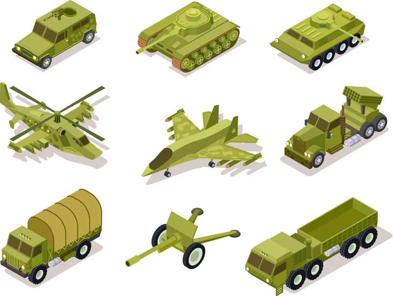 装甲武器收藏-直升机和大炮-凌空火力系统和步兵战车-坦克装甲车-等距向量-陆军火炮直升机军事和坦克插图
