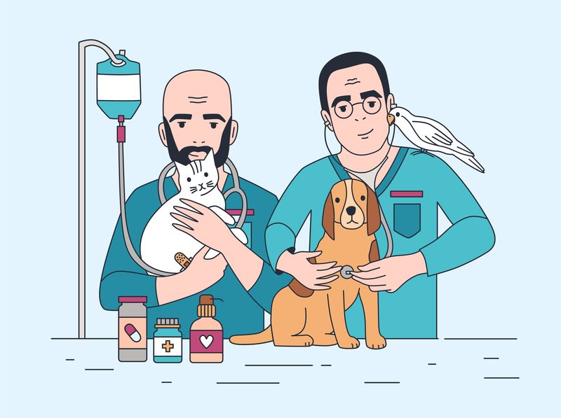 一对微笑的兽医抱着猫狗和鹦鹉带宠物的快乐兽医在兽医诊所工作并治疗家畜的医生线条艺术风格的彩色矢量插图