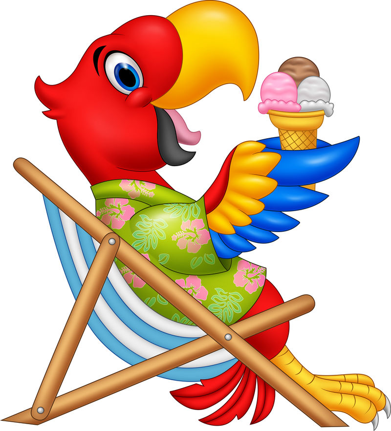 坐在沙滩椅上吃冰淇淋的卡通金刚鹦鹉