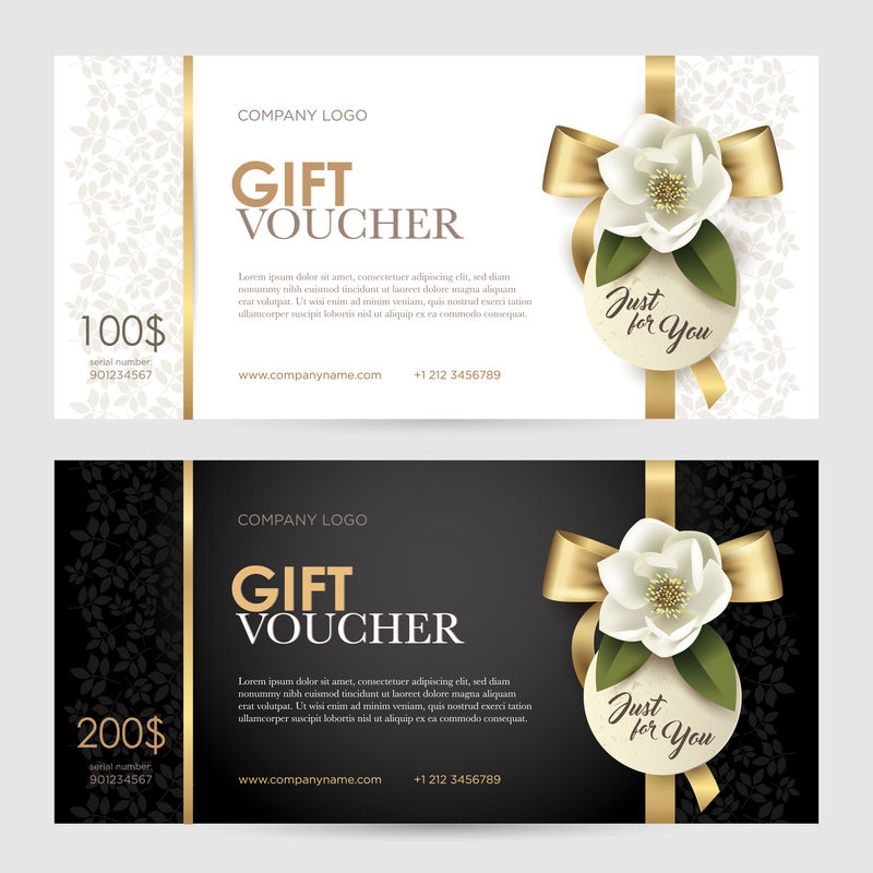 一套带有金色蝴蝶结丝带和鲜花的豪华礼品券-用于SPA美容院商店化妆品和餐馆的礼品卡优惠券和证书的矢量模板