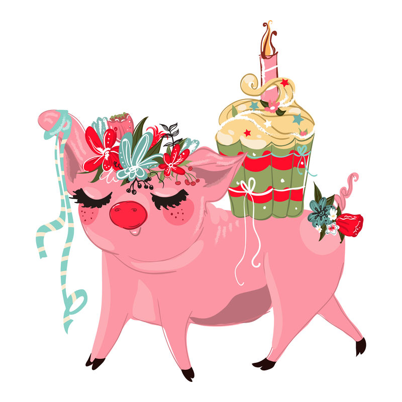 手绘小猪-可爱漂亮-头戴花环-丝带-精美蛋糕-装饰和蜡烛-生日快乐猪-矢量水彩